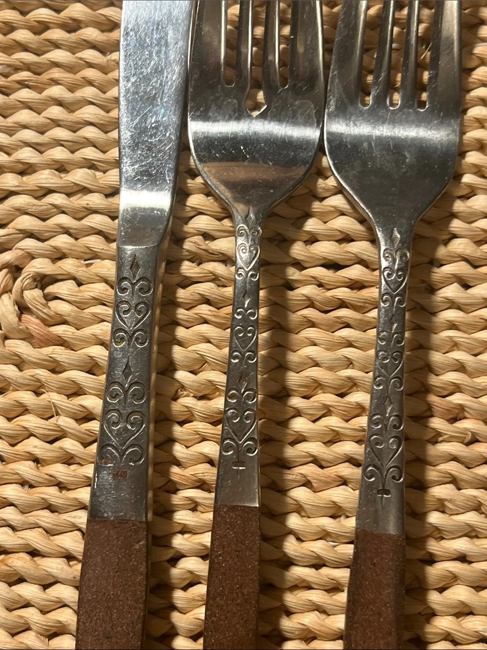 Vtg MCM Interpur 12 pc Wood Handle Silverware 4 knives 4 sm and 4 lg forks